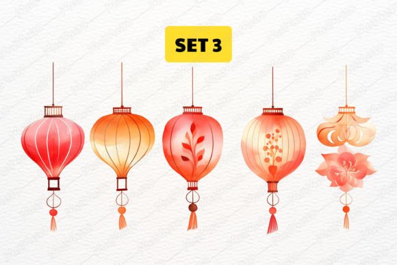 Download Watercolor Oriental Lantern Clipart Set - Color Collection