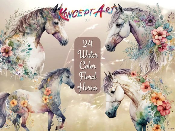 Download 24 Boho Watercolor Floral Horse Clipart - Color Collection